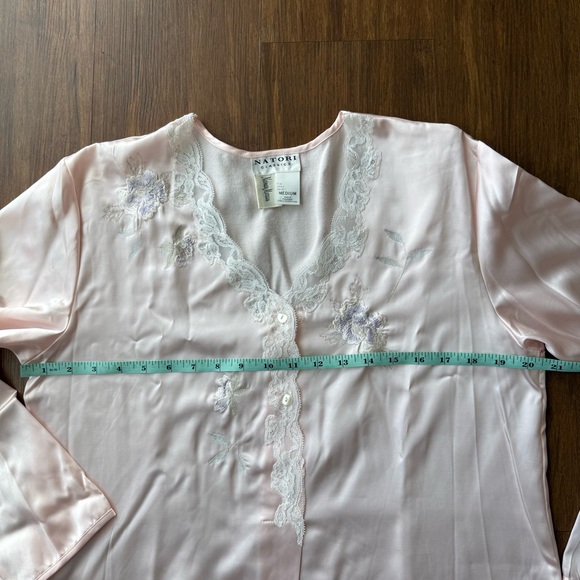 Vintage NATORI Nightgown Medium Pink Satin Long Sleeve Tunic Embroidered Lace - Picture 14 of 14